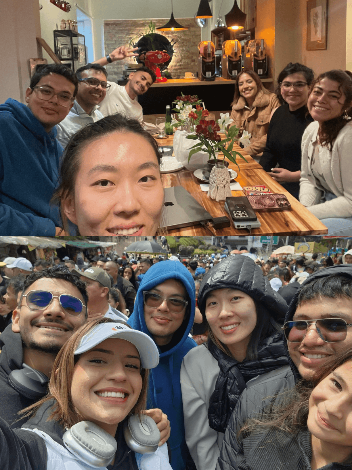 Attendees posing for group photos at a long dinner table and outdoors