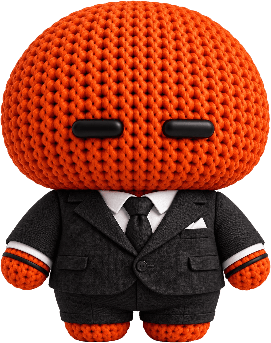 Kami, the Weft mascot, a crocheted orange character in a black suit