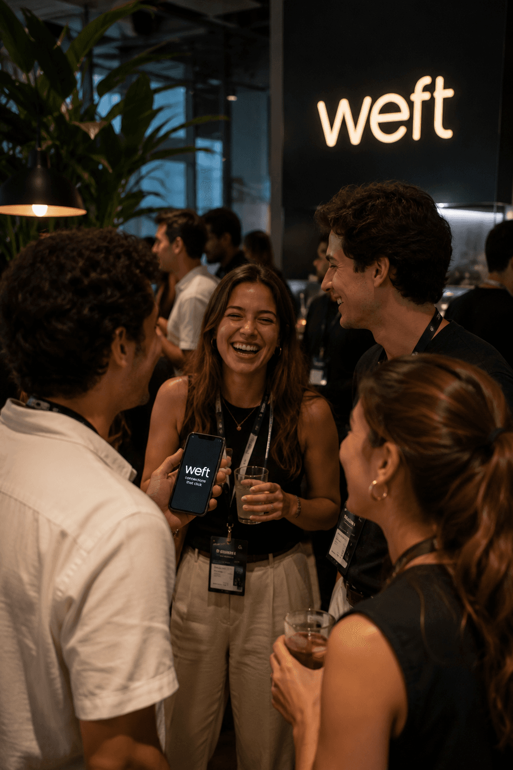 A Weft host standing with two attendees mid-conversation at an event